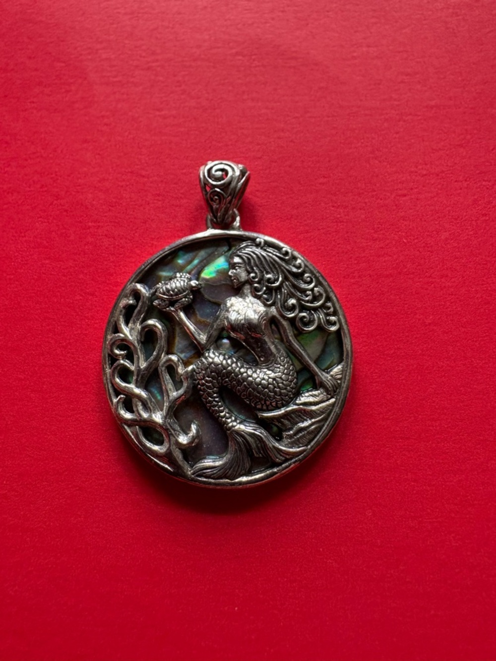 Silver Mermaid Pendant Necklace with Abalone Inlay
